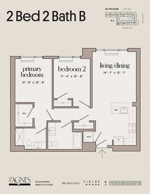 Floor plan for 2 beds, 2 baths, 985 sqft